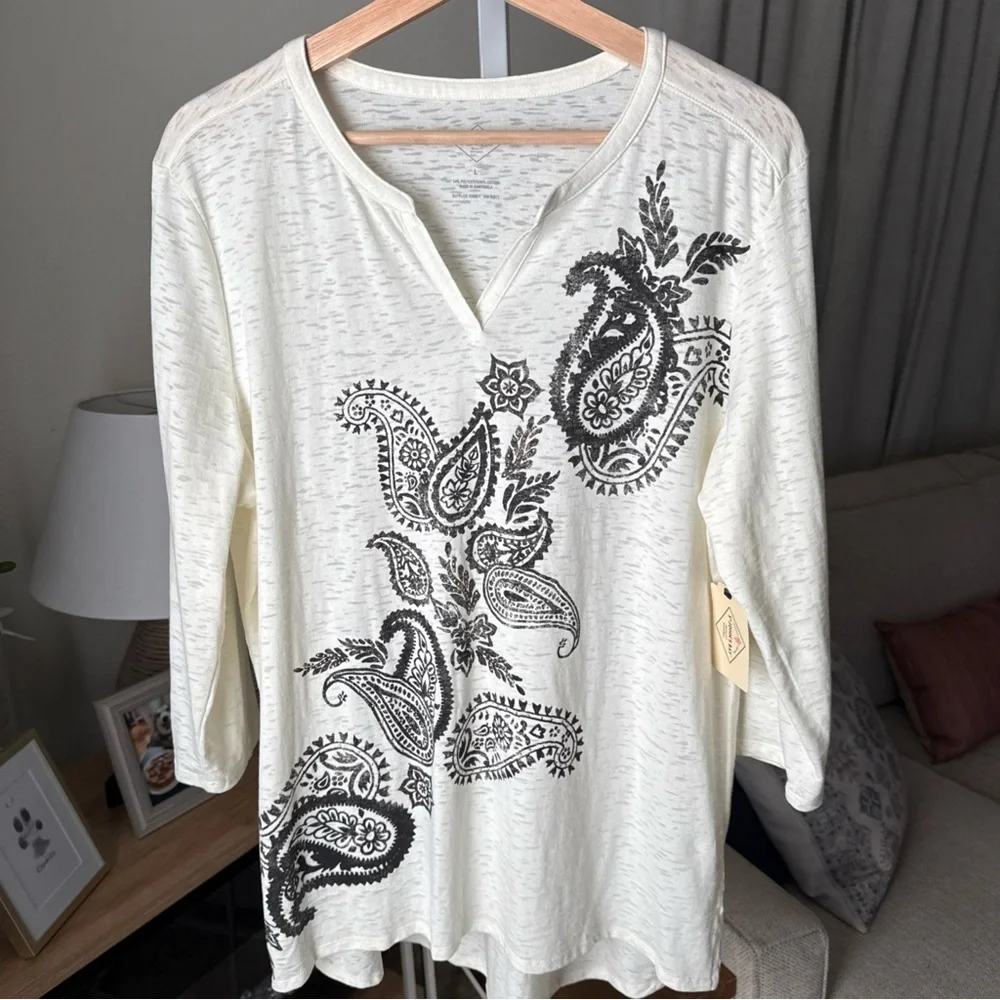 St. Johns Bay Women Blouse Size L Ivory Black Paisley Beaded 3/4 Sleeve NWT $30